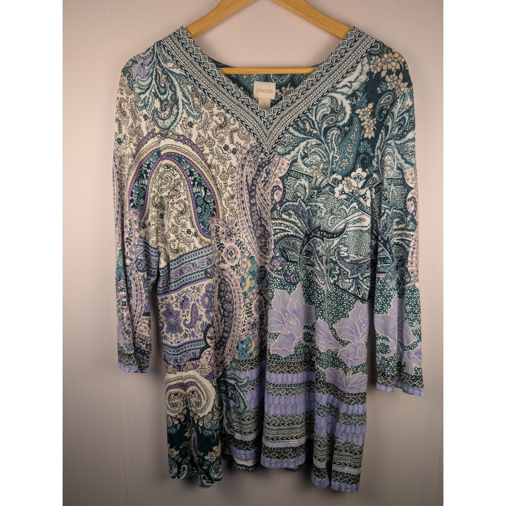 Chicos Purple Teal Paisley Floral V-Neck 3/4 Sleeve Top Size 2 570223914